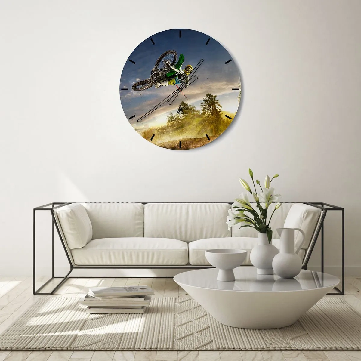 Ceas de perete - Ceas pe sticlă - Motocross pe fundalul apusului de soare - 30x30cm - Porniți emoțiile! - Decorațiune modernă pentru perete pentru living, bucătărie și dormitor ARTTOR