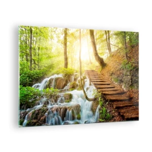 Tablou pe sticlă - O cascadă în pădure cu o potecă de lemn iluminată de lumina soarelui - 70x50cm - Răcirea dorită - Decorațiune modernă pentru perete pentru living și dormitor ARTTOR