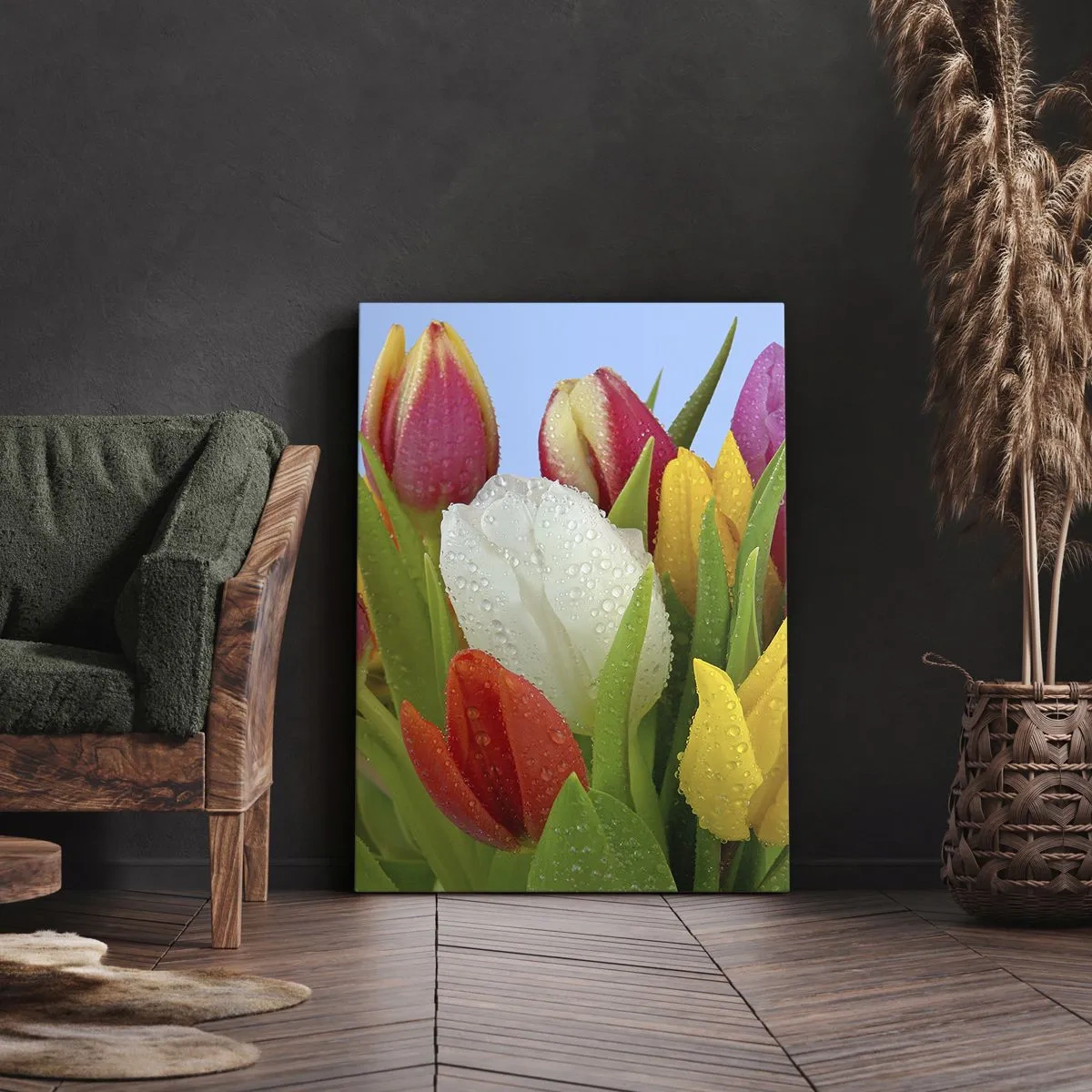 Tablou pe pânză - Un curcubeu floral în picături de rouă - 50x70 cm
