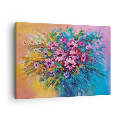 Tablou pe pânză Canvas - Flori colorate într-un buchet pe un fundal pastelat - 70x50cm - Energia vieții - Decorațiune modernă pentru perete pentru living și dormitor ARTTOR
