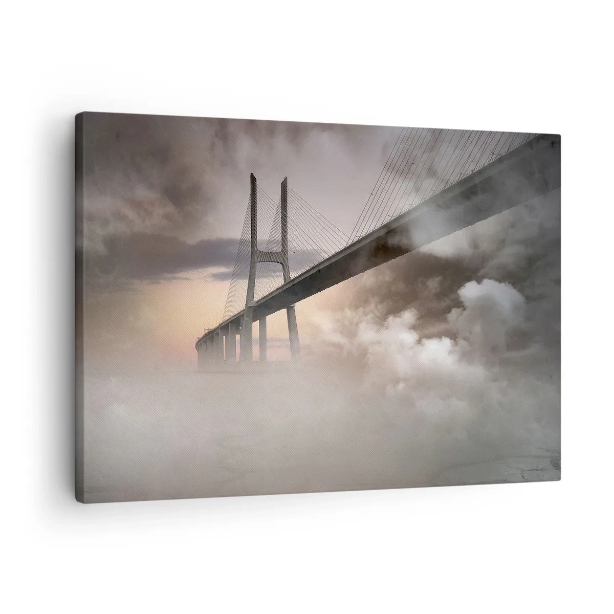 Tablou pe pânză Canvas - Un pod peste un râu înconjurat de ceață dimineața - 70x50cm - Lângă un râu care nu există - Decorațiune modernă pentru perete pentru living și dormitor ARTTOR