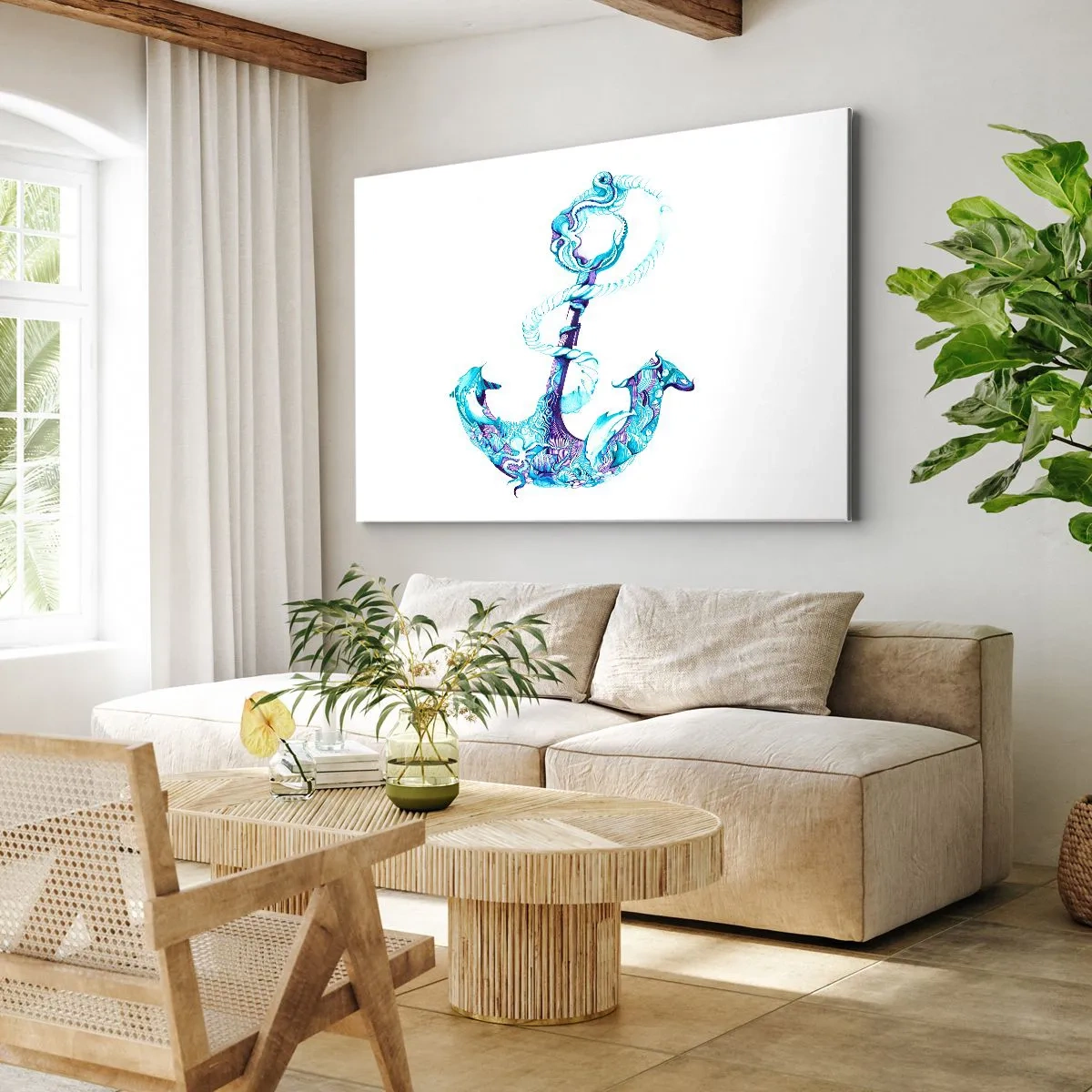 Tablou pe pânză Canvas - Ancoră abstractă în nuanțe de albastru cu detalii nautice - 70x50cm - Confidenta secretelor mării - Decorațiune modernă pentru perete pentru living și dormitor ARTTOR