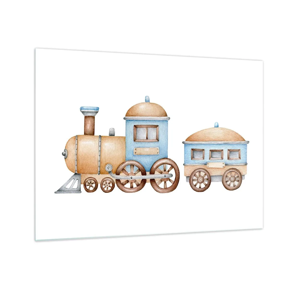 Tablou pe sticlă - Ilustrație a unui tren cu aburi în nuanțe de albastru și bej pe fundal alb - 70x50cm - Trenulețul din copilărie - Decorațiune modernă pentru perete pentru living și dormitor ARTTOR