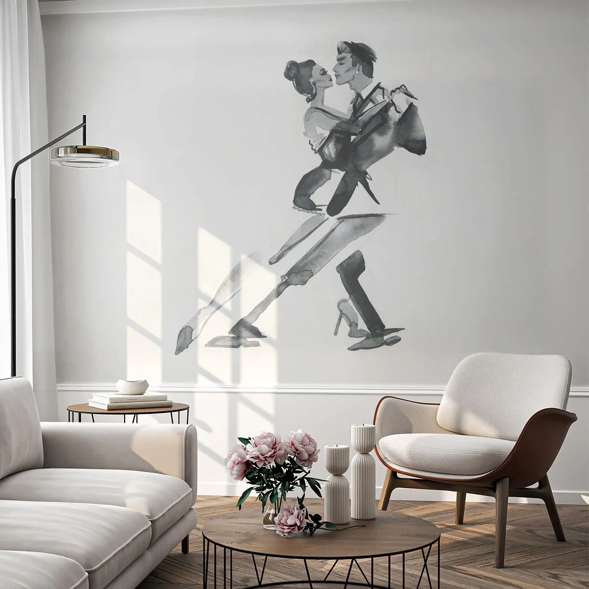 Tapet Standard Eco - O elegantă fotografie în acuarelă a unui cuplu dansator - 100x70cm - Într-un ritm - Decorațiune modernă pentru perete pentru living și dormitor ARTTOR