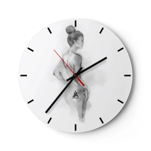 Ceas de perete - Ceas pe sticlă - O siluetă a unei femei pictată în acuarelă în nuanțe de gri. - 30x30cm - Frumoasă ca o pictură - Decorațiune modernă pentru perete pentru living, bucătărie și dormitor ARTTOR