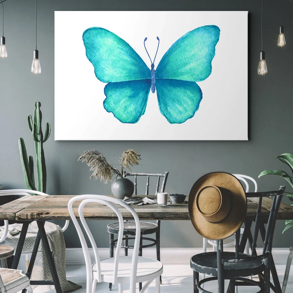 Tablou pe pânză Canvas - Fluture albastru în stil acuarelă pe fundal alb - 70x50cm - Turcoaz prin natura - Decorațiune modernă pentru perete pentru living și dormitor ARTTOR