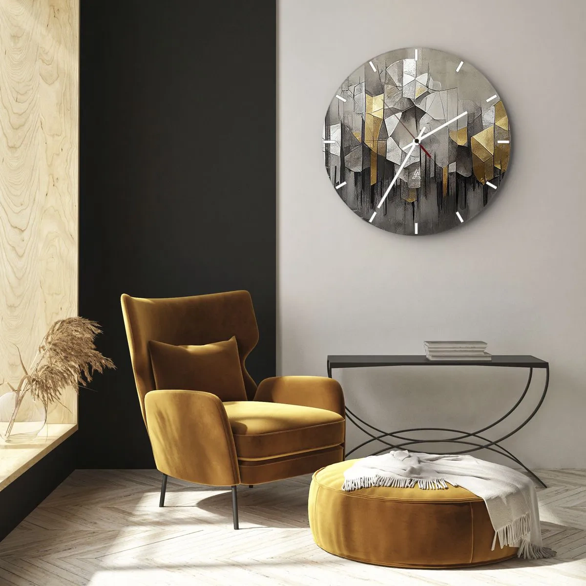 Ceas de perete - Ceas pe sticlă - Structură geometrică cu nuanțe de gri și auriu - 30x30cm - Compoziție de gheață și lumină - Decorațiune modernă pentru perete pentru living, bucătărie și dormitor ARTTOR