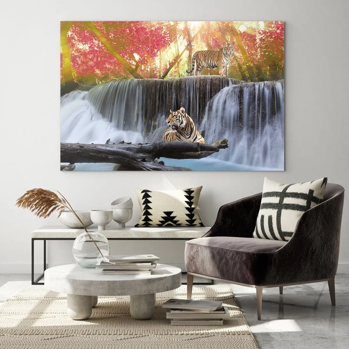 Tablou pe sticlă - Tigri pe fundalul unei cascade și al unui peisaj de toamnă - 70x50cm - Peisaj suprarealist - Decorațiune modernă pentru perete pentru living și dormitor ARTTOR