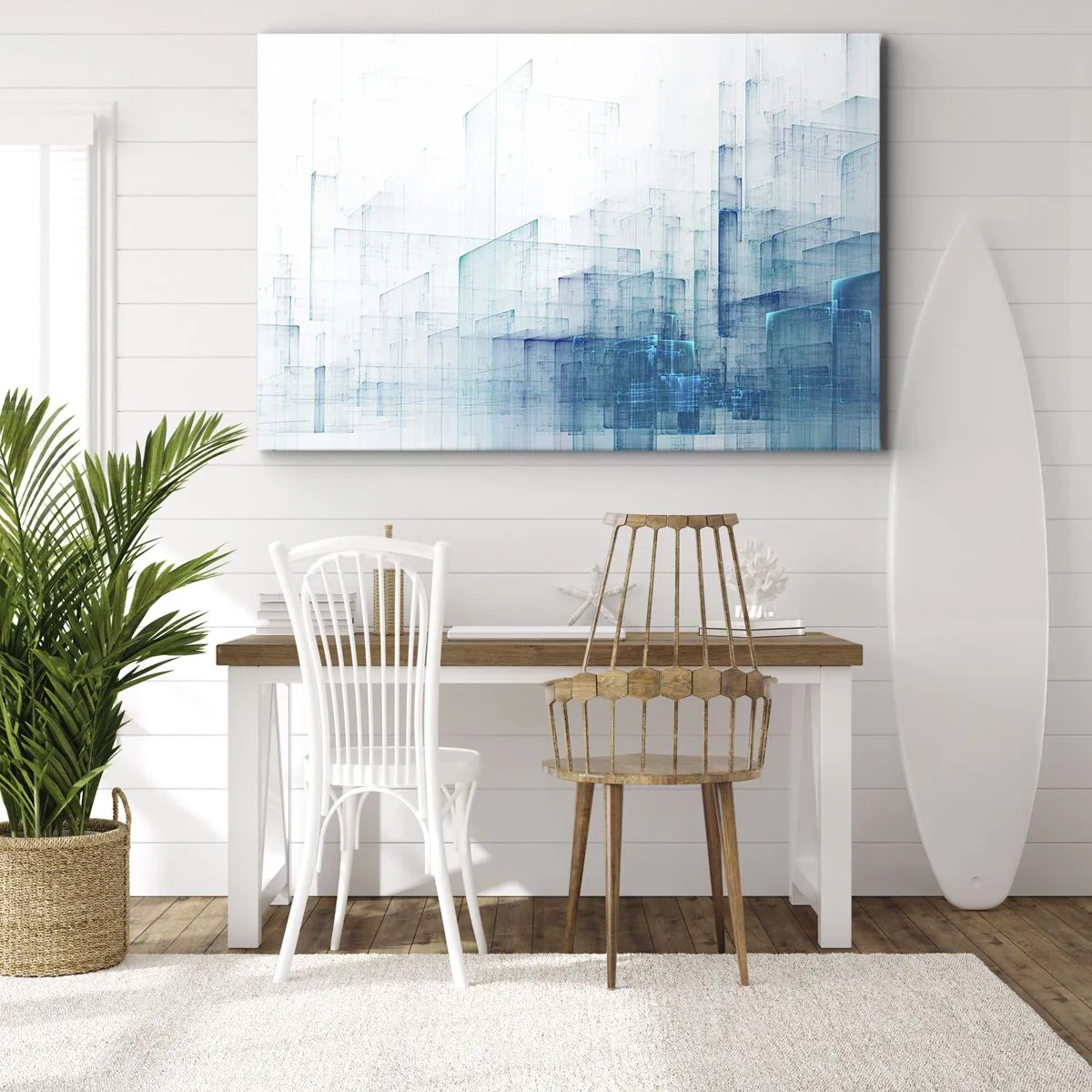 Tablou pe pânză Canvas - Forme geometrice abstracte în nuanțe de albastru - 70x50cm - Cum a apărut spațiul - Decorațiune modernă pentru perete pentru living și dormitor ARTTOR