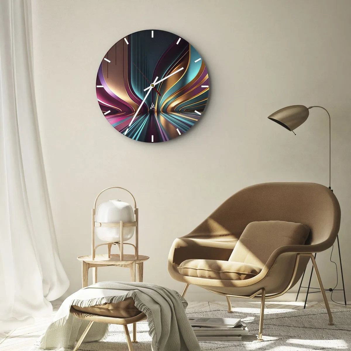 Ceas de perete - Ceas pe sticlă - Linii luminoase futuriste în auriu, turcoaz și violet - 30x30cm - Arhitectură de lumină - Decorațiune modernă pentru perete pentru living, bucătărie și dormitor ARTTOR