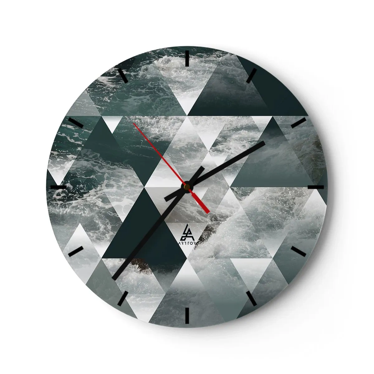 Ceas de perete - Ceas pe sticlă - Triunghiuri geometrice cu motivul unui ocean furtunos - 30x30cm - O perspectivă de cristal - Decorațiune modernă pentru perete pentru living, bucătărie și dormitor ARTTOR