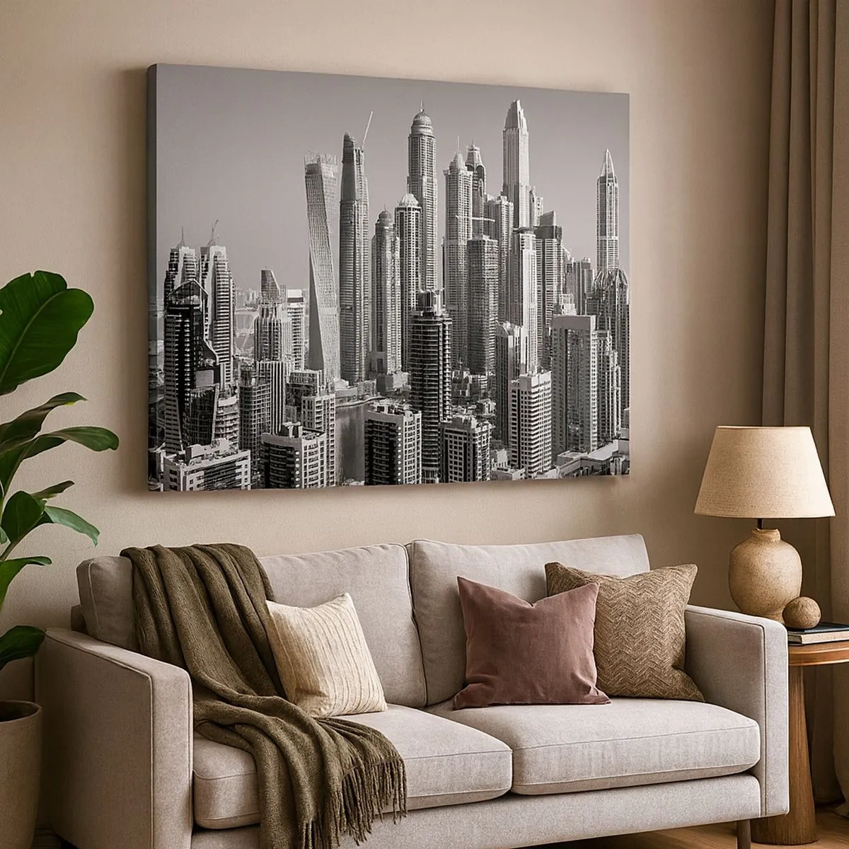 Tablou pe pânză Canvas - Panoramă a zgârie-norilor moderni în tonuri monocromatice - 70x50cm - Orașul de deasupra deșertului - Decorațiune modernă pentru perete pentru living și dormitor ARTTOR