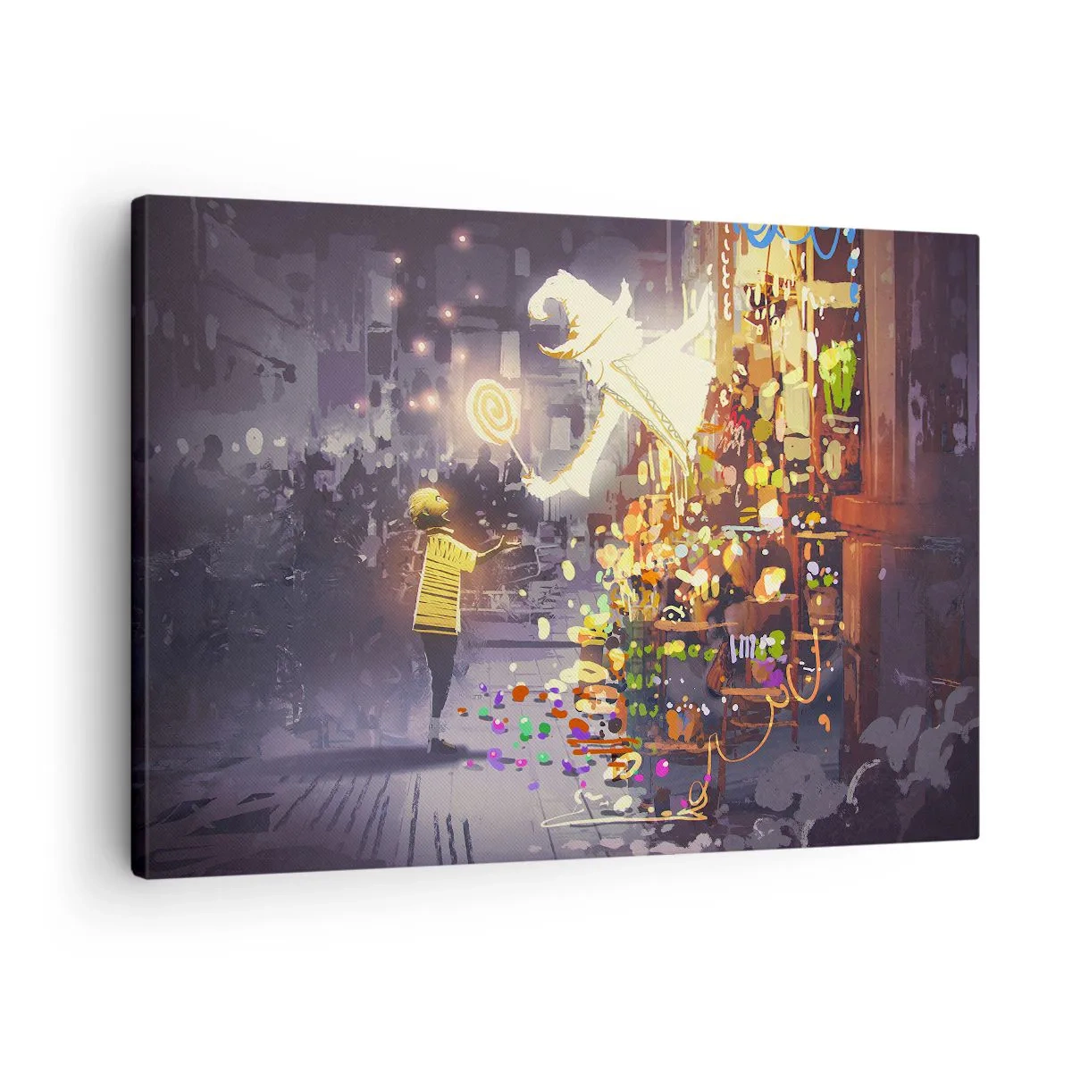 Tablou pe pânză Canvas - Un personaj de basm și un copil pe o stradă plină de lumini și magie - 70x50cm - Vrăjitoria există - Decorațiune modernă pentru perete pentru living și dormitor ARTTOR