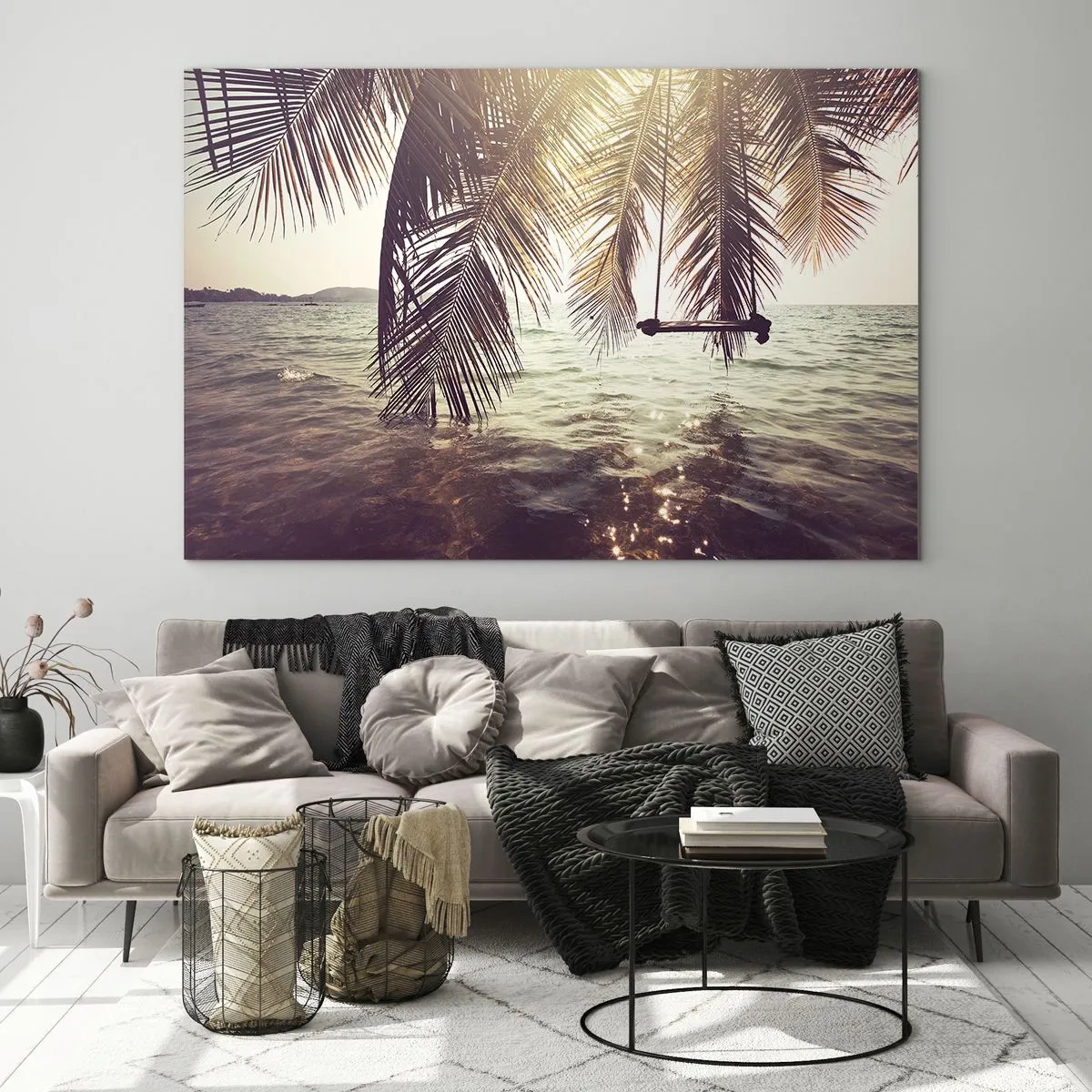 Tablou pe sticlă - O plajă cu palmieri și un leagăn deasupra unei mări calme - 70x50cm - Poți să te dai în vânt după pofta inimii tale - Decorațiune modernă pentru perete pentru living și dormitor ARTTOR