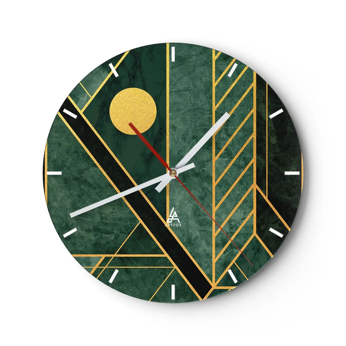Ceas de perete - Ceas pe sticlă - Fundal verde cu linii geometrice aurii și un cerc auriu - 30x30cm - Dinamica aurului și a azurului - Decorațiune modernă pentru perete pentru living, bucătărie și dormitor ARTTOR