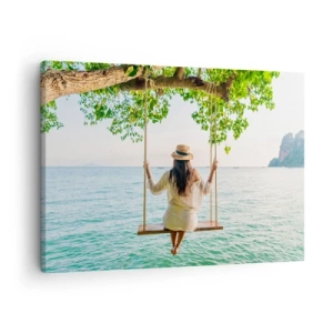 Tablou pe pânză Canvas - Femeie pe un leagăn lângă mare într-un peisaj tropical - 70x50cm - Viața este frumoasă - Decorațiune modernă pentru perete pentru living și dormitor ARTTOR