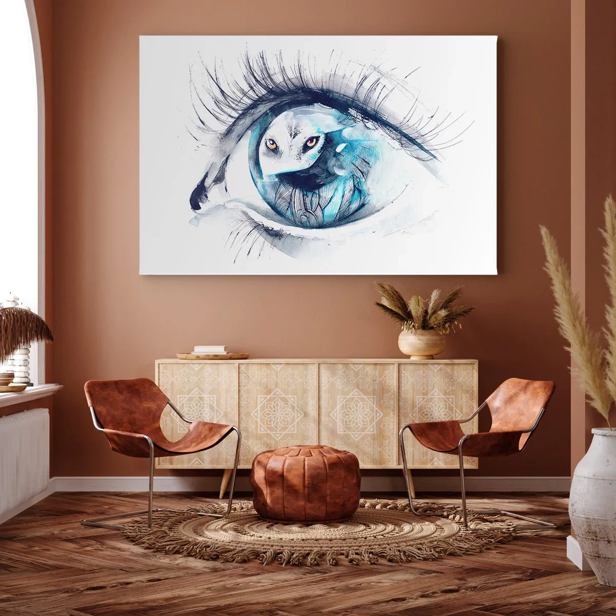 Tablou pe pânză Canvas - Un ochi cu imaginea unei bufnițe în nuanțe de albastru în acuarelă - 70x50cm - Ochi în ochi cu sălbăticia - Decorațiune modernă pentru perete pentru living și dormitor ARTTOR