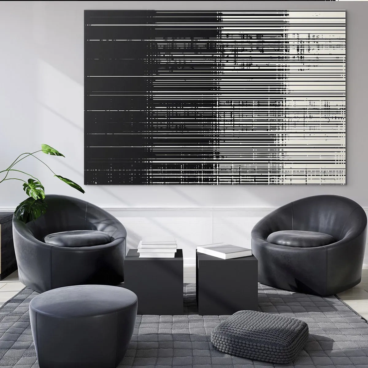 Tablou pe sticlă - Abstracție alb-negru cu linii orizontale care creează un gradient - 70x50cm - Valuri și vibrații - Decorațiune modernă pentru perete pentru living și dormitor ARTTOR