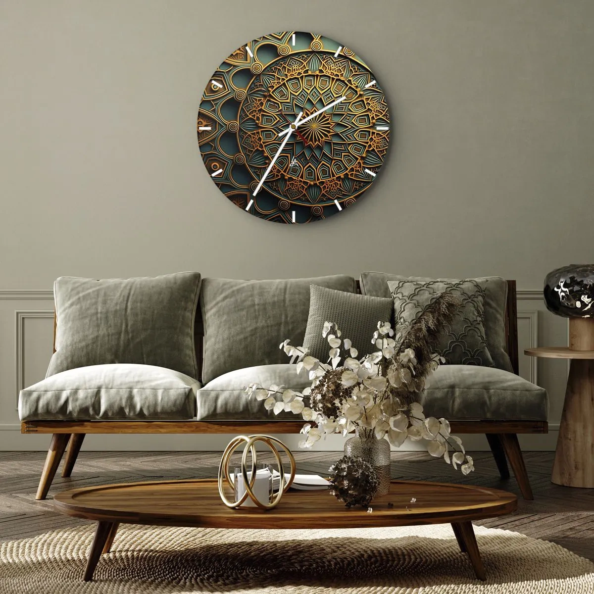 Ceas de perete - Ceas pe sticlă - Mozaic în stil arab, auriu și turcoaz, cu model geometric - 30x30cm - În stil arabic - Decorațiune modernă pentru perete pentru living, bucătărie și dormitor ARTTOR