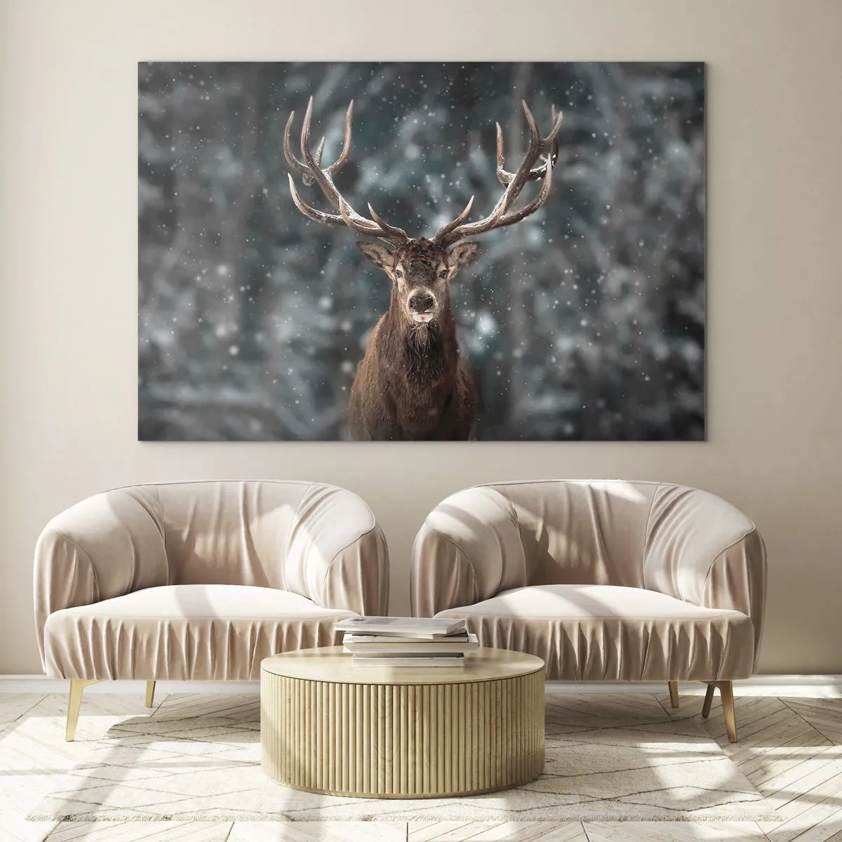 Tablou pe sticlă - O căprioară mândră într-o pădure de iarnă în mijlocul ninsorilor - 70x50cm - Regele pădurii a fost încoronat - Decorațiune modernă pentru perete pentru living și dormitor ARTTOR