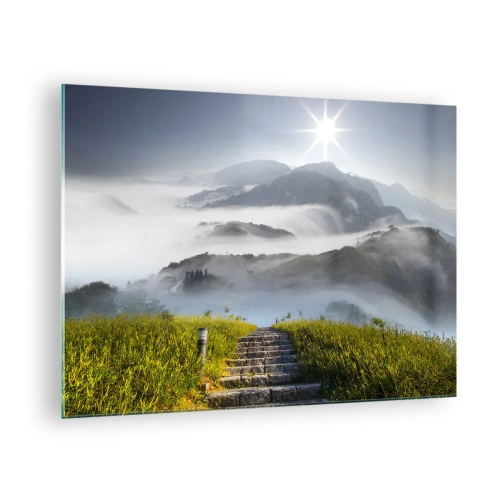 Tablou pe sticlă - Peisaj montan cu ceață și scări care duc spre vârf - 70x50cm - Tot spre nori - Decorațiune modernă pentru perete pentru living și dormitor ARTTOR