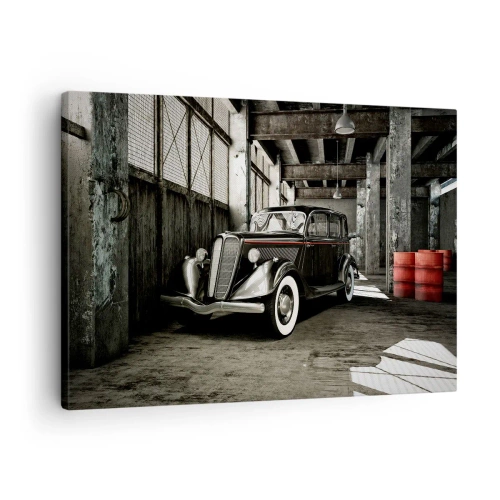Tablou pe pânză Canvas - Mașină retro elegantă într-un depozit de materii prime - 70x50cm - Eleganța eternă a anilor `30 - Decorațiune modernă pentru perete pentru living și dormitor ARTTOR
