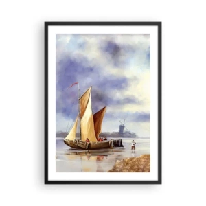 Poster în ramă neagră - O corabie cu pânze la țărm cu o moară de vânt în fundal - 50x70cm - Întoarcerea marinarilor - Decorațiune modernă pentru perete pentru living și dormitor ARTTOR