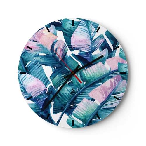 Ceas de perete - Ceas pe sticlă - Frunze tropicale în nuanțe de verde și roz - 30x30cm - Într-o livadă de banane - Decorațiune modernă pentru perete pentru living, bucătărie și dormitor ARTTOR
