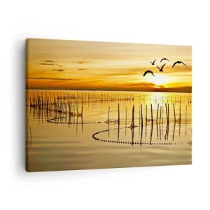 Tablou pe pânză Canvas - Apus de soare peste apă cu păsări în zbor - 70x50cm - În zona pescuitului - Decorațiune modernă pentru perete pentru living și dormitor ARTTOR