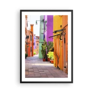Poster în ramă neagră - O stradă colorată cu plante și fațade vibrante ale clădirilor - 50x70cm - Aleea curcubeului - Decorațiune modernă pentru perete pentru living și dormitor ARTTOR