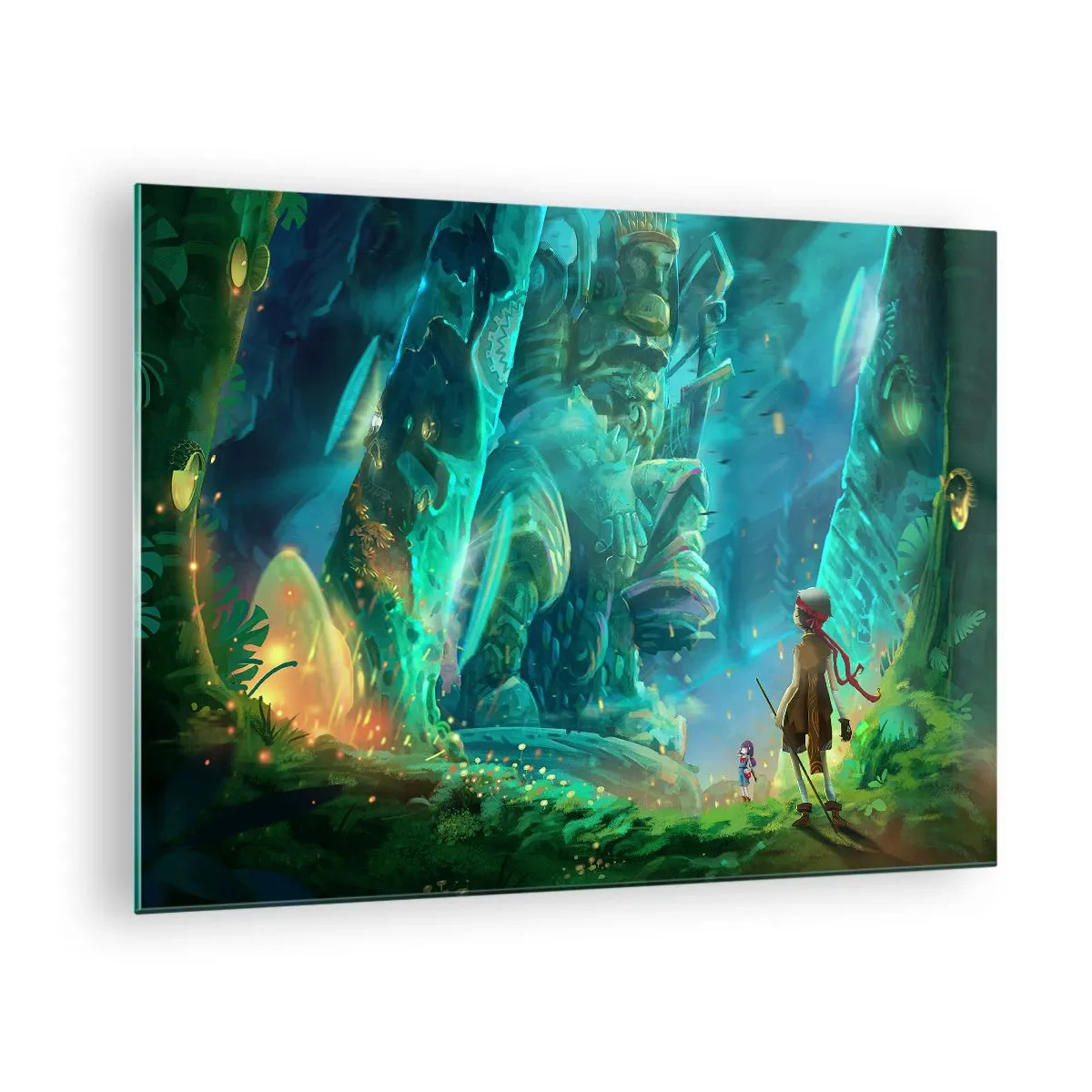 Tablou pe sticlă - Peisaj fantastic cu o figură și o statuie antică în pădure - 70x50cm - Din Marea Carte a Basmelor - Decorațiune modernă pentru perete pentru living și dormitor ARTTOR