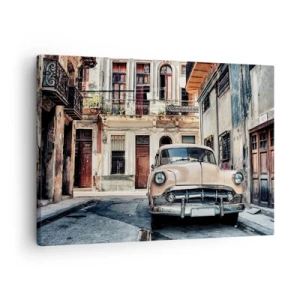 Tablou pe pânză Canvas - O mașină clasică pe fundalul arhitecturii urbane - 70x50cm - O siestă în Havana - Decorațiune modernă pentru perete pentru living și dormitor ARTTOR