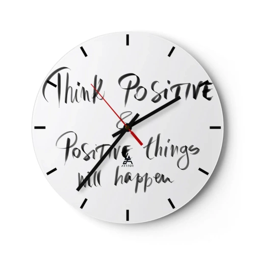Ceas de perete - Ceas pe sticlă - Inscripție motivațională într-un stil artistic - 30x30cm - Cum să trăim bine? - Decorațiune modernă pentru perete pentru living, bucătărie și dormitor ARTTOR