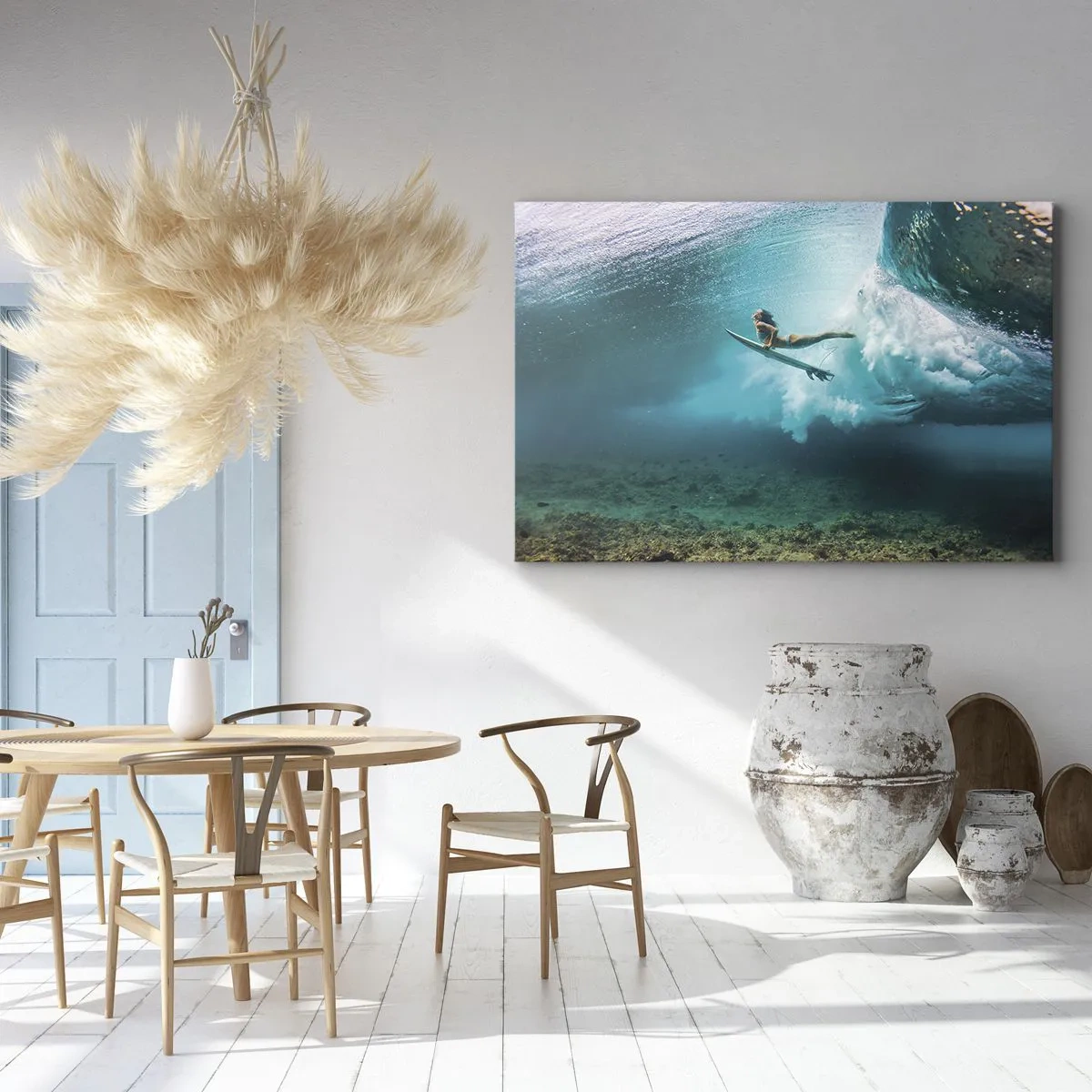 Tablou pe pânză Canvas - Surfer sub un val în apa albastră a oceanului - 70x50cm - Lumea subacvatică - Decorațiune modernă pentru perete pentru living și dormitor ARTTOR