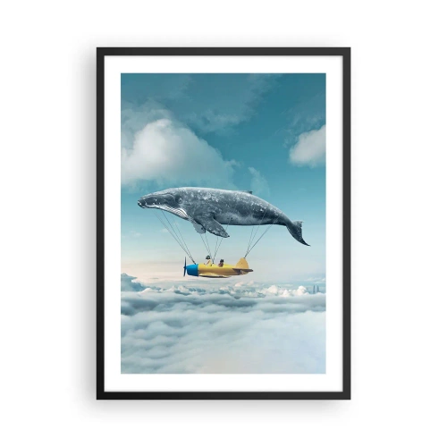 Poster în ramă neagră - O imagine fantastică a unei balene ridicând un avion deasupra norilor. - 50x70cm - De ce nu? - Decorațiune modernă pentru perete pentru living și dormitor ARTTOR