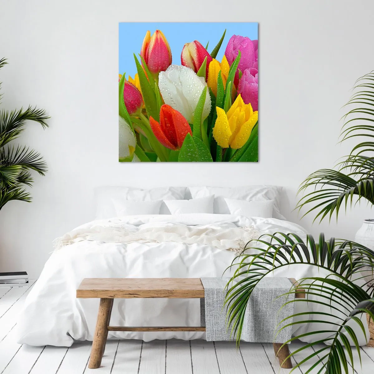 Tablou pe pânză - Un curcubeu floral în picături de rouă - 40x40 cm