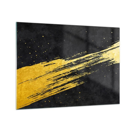 Tablou pe sticlă - O pensulă aurie pe un fundal negru într-o formă dinamică, abstractă - 70x50cm - Salt în hiperspațiu - Decorațiune modernă pentru perete pentru living și dormitor ARTTOR