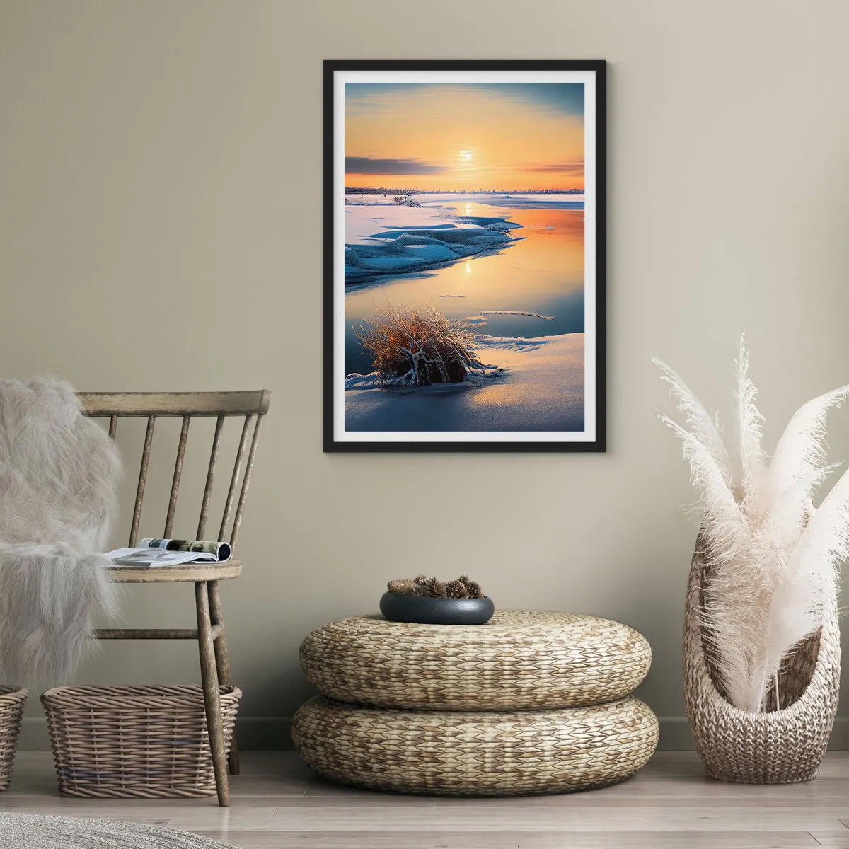 Poster în ramă neagră - Apus de soare pe timp de iarnă - 40x50 cm
