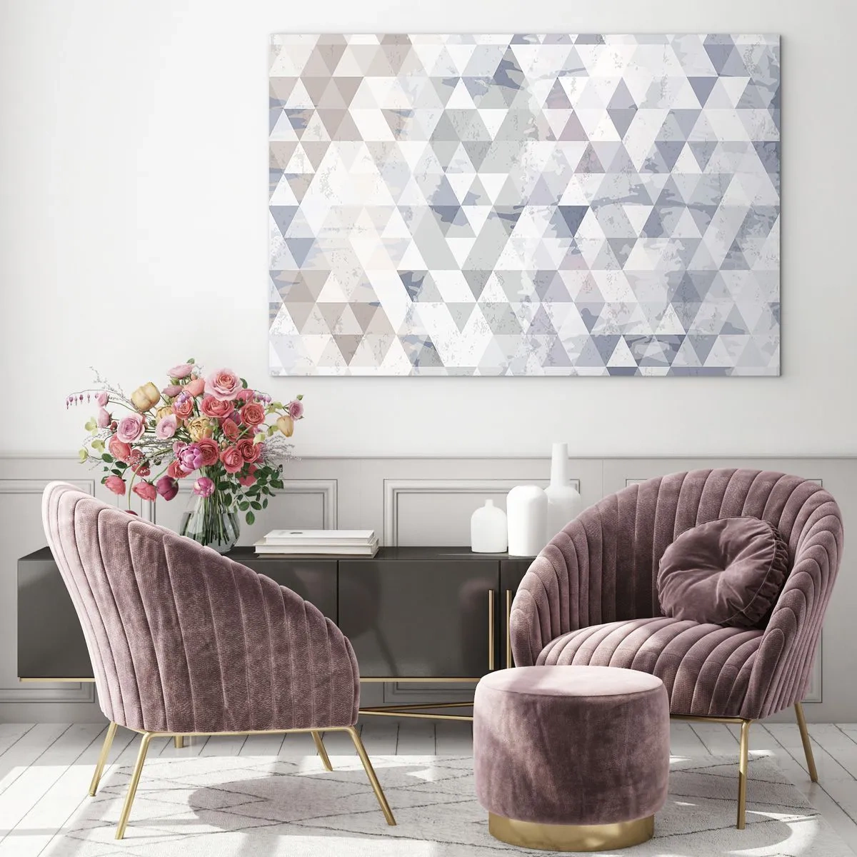 Tablou pe sticlă - Model geometric triunghiular în nuanțe neutre de gri și bej - 70x50cm - În ritm de trei - Decorațiune modernă pentru perete pentru living și dormitor ARTTOR