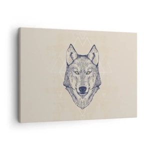 Tablou pe pânză Canvas - Un lup geometric pe un fundal deschis cu modele minimaliste. - 70x50cm - Un alfa cu o privire pătrunzătoare - Decorațiune modernă pentru perete pentru living și dormitor ARTTOR