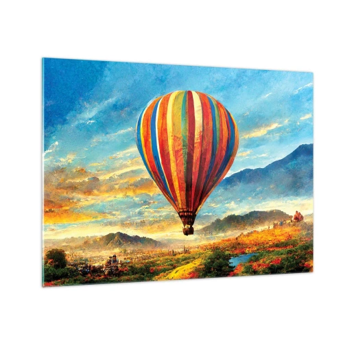 Tablou pe sticlă - Un balon colorat plutind deasupra unui peisaj montan - 70x50cm - În liniște puteți vedea mai multe - Decorațiune modernă pentru perete pentru living și dormitor ARTTOR