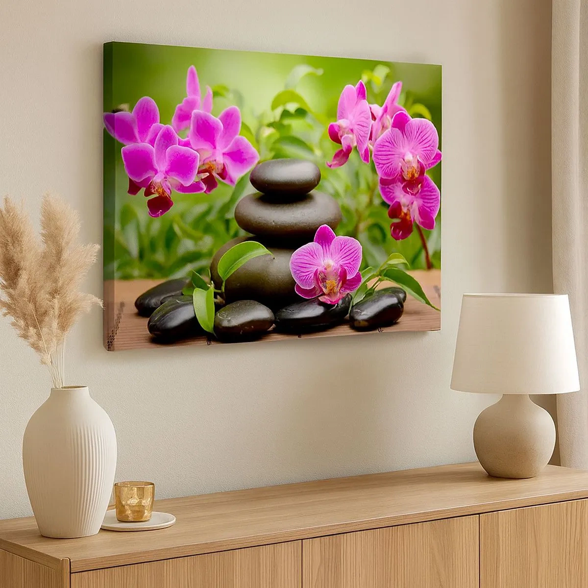 Tablou pe pânză Canvas - Orhidee roz cu pietre pe fundal verde - 70x50cm - Piramida de liniște - Decorațiune modernă pentru perete pentru living și dormitor ARTTOR