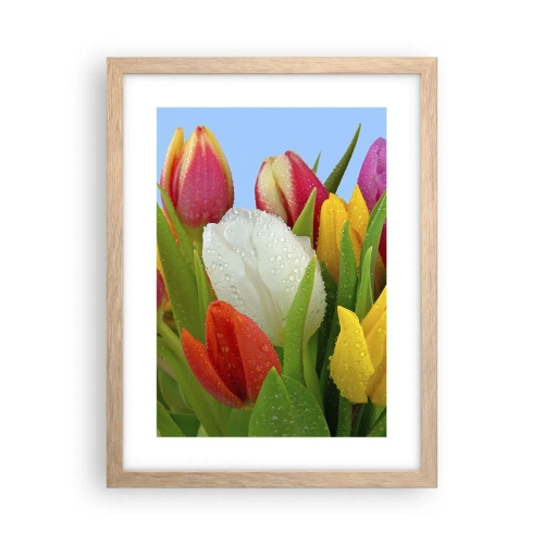 Poster în ramă de stejar deschis - Un curcubeu floral în picături de rouă - 30x40 cm