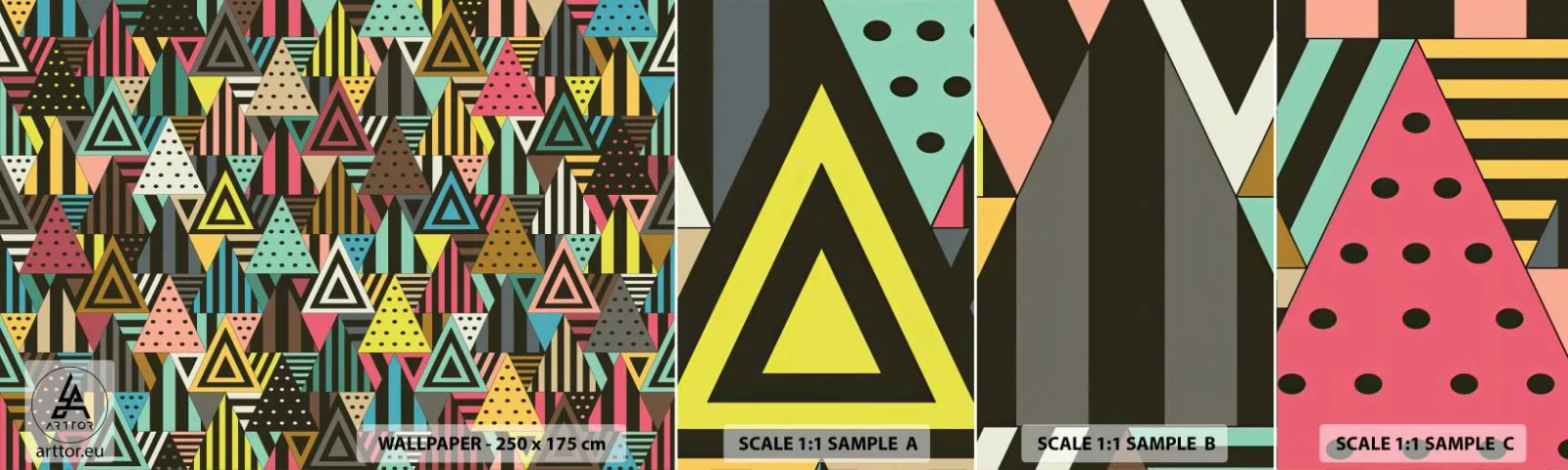 Mostră tapet autocolant Deluxe Sticker - În ritm de trei - Abstracția, Bucată, Triunghiuri - 100x30 cm