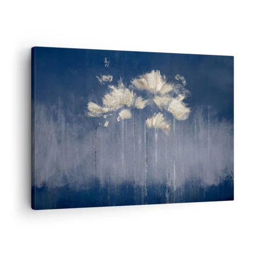 Tablou pe pânză Canvas - Flori delicate pe un fundal albastru - 70x50cm - Ca petalele în vânt - Decorațiune modernă pentru perete pentru living și dormitor ARTTOR
