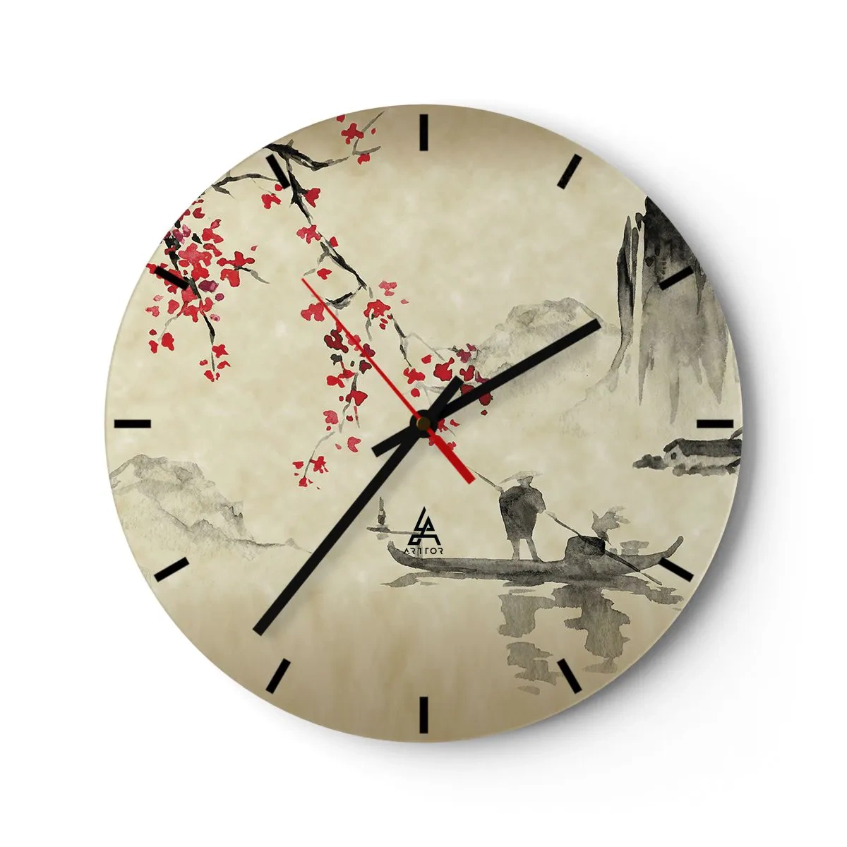 Ceas de perete - Ceas pe sticlă - Prim-plan al unei flori roz închis cu petale stratificate - 30x30cm - În țara florilor de cireș - Decorațiune modernă pentru perete pentru living, bucătărie și dormitor ARTTOR