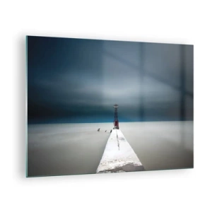 Tablou pe sticlă - Un dig minimalist care duce la far pe fundalul mării și cerului - 70x50cm - Pentru a întâlni infinitul - Decorațiune modernă pentru perete pentru living și dormitor ARTTOR