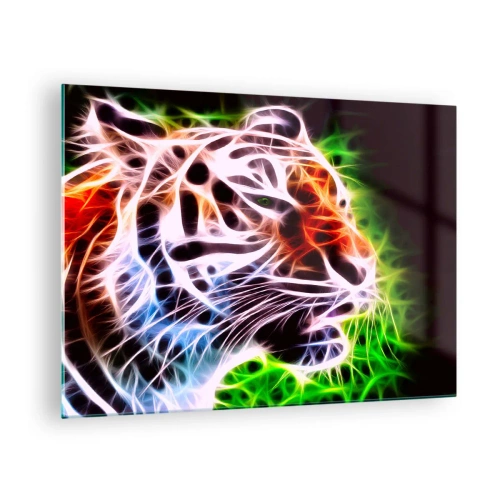Tablou pe sticlă - Un tigru în culori neon, luminoase - 70x50cm - Aură amenințătoare - Decorațiune modernă pentru perete pentru living și dormitor ARTTOR