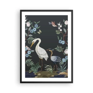 Poster în ramă neagră - Ilustrație cu păsări printre flori pe un fundal întunecat - 50x70cm - Parada păsărilor - Decorațiune modernă pentru perete pentru living și dormitor ARTTOR