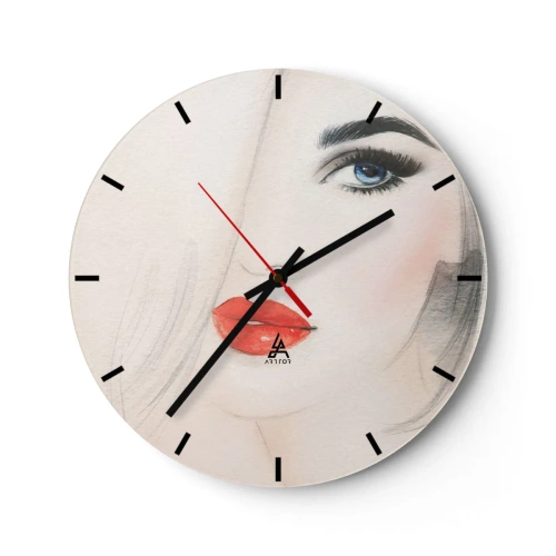 Ceas de perete - Ceas pe sticlă - Portret artistic al unei femei cu buze roșii și ochi albaștri - 30x30cm - Hipnotizează și intoxică - Decorațiune modernă pentru perete pentru living, bucătărie și dormitor ARTTOR